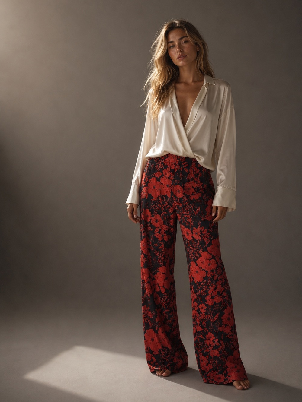 PrettyLittleThing Red Floral Wide Leg Pants NWT